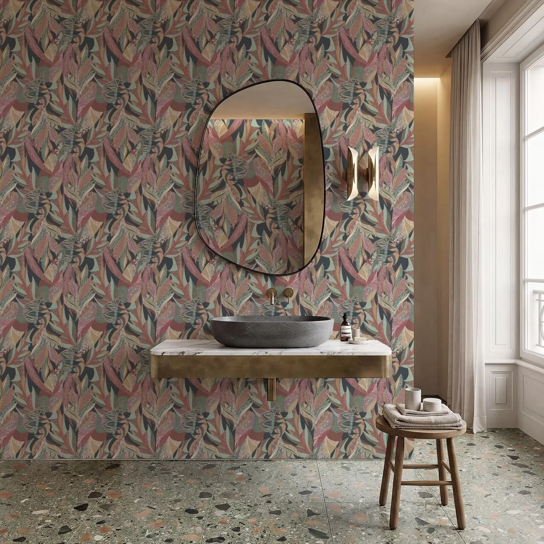 τοιχογραφίες Πολύχρωμα φύλλα με μοτίβα σε σκούρο φόντο a01120