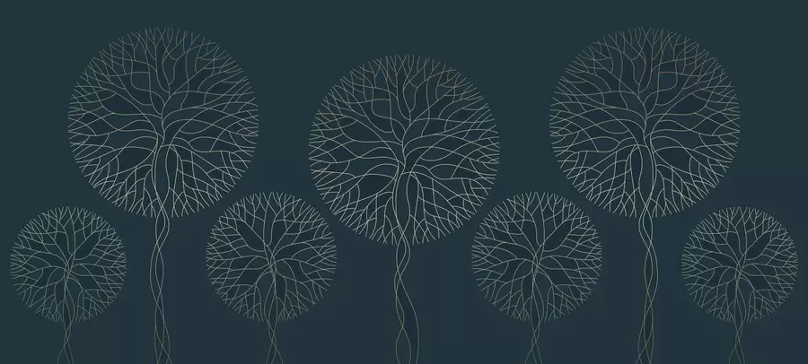 τοιχογραφίες Φανταστικά γραμμικά δέντρα με πλούσιες κορώνες σε κομψούς σκούρους σμαραγδένιους τόνους w05213