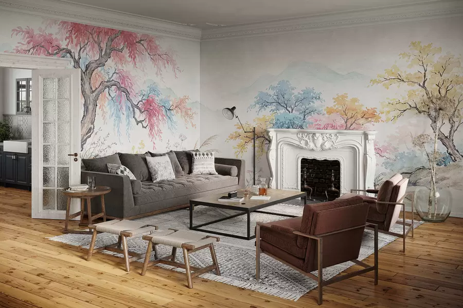 τοιχογραφίες Ζωγραφισμένος πολύχρωμος κήπος σε τσιμεντένιο τοίχο w05246