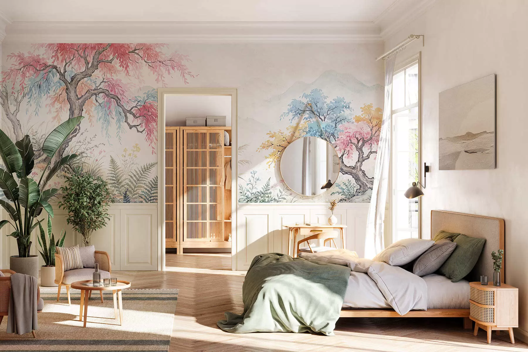 τοιχογραφίες Ζωγραφισμένος πολύχρωμος κήπος σε τσιμεντένιο τοίχο w05246