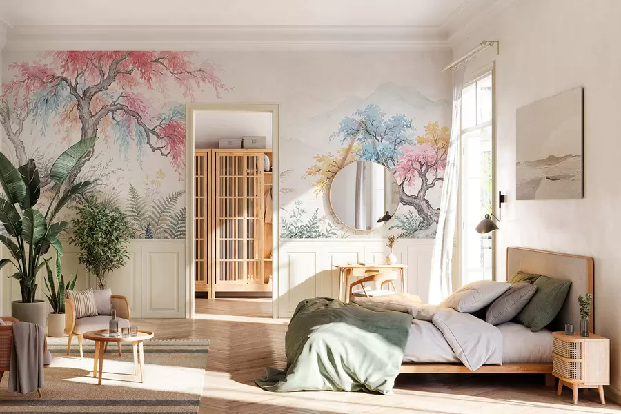 τοιχογραφίες Ζωγραφισμένος πολύχρωμος κήπος σε τσιμεντένιο τοίχο w05246