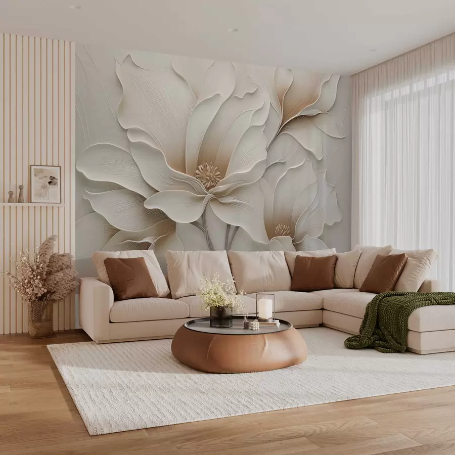 τοιχογραφίες Ανάγλυφο μπεζ λουλούδι σε κοντινό πλάνο w05269