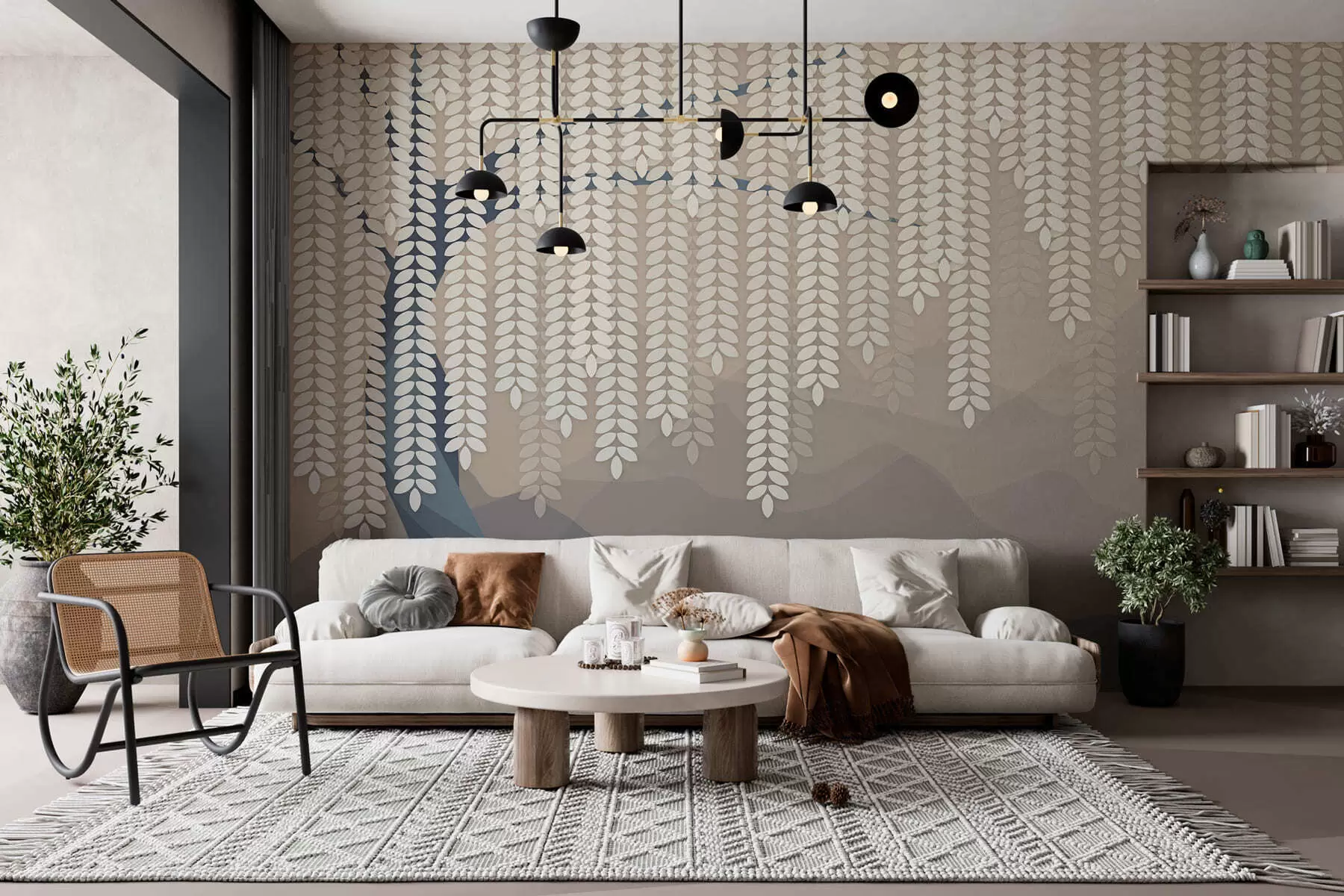 τοιχογραφίες Στυλιζαρισμένη ιτιά με κρεμαστά φύλλα σε φόντο μινιμαλιστικών βουνών σε αποχρώσεις του μπεζ και του γαλαζοπράσινου. w05232
