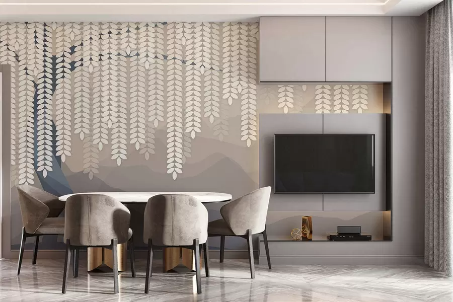 τοιχογραφίες Στυλιζαρισμένη ιτιά με κρεμαστά φύλλα σε φόντο μινιμαλιστικών βουνών σε αποχρώσεις του μπεζ και του γαλαζοπράσινου. w05232
