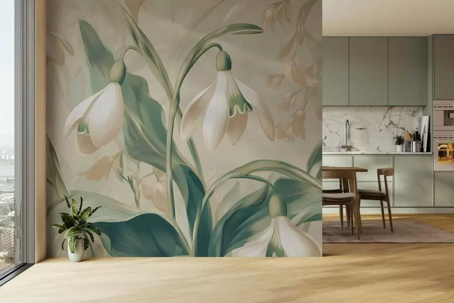 τοιχογραφίες ανθισμένα χιονάνθη σε μπεζ φόντο w05234