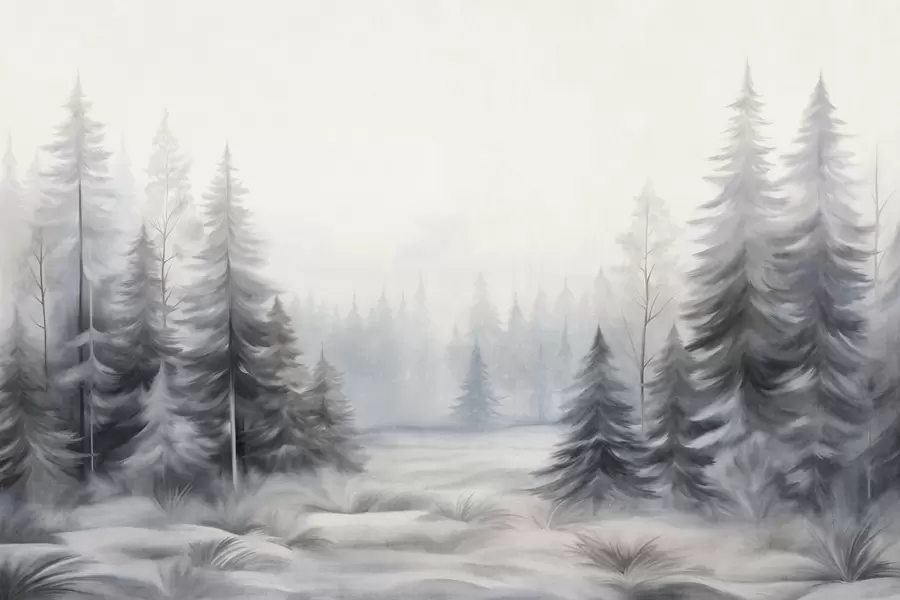 τοιχογραφίες Δέντρα χειμερινού δάσους με υφή μέσα στην ομίχλη, σε απαλούς τόνους του γκρι και του λευκού w09745