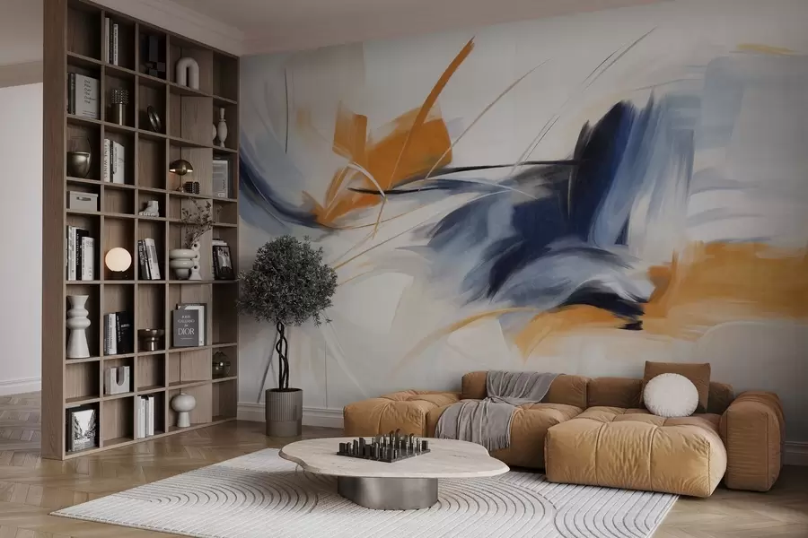 τοιχογραφίες Αφηρημένο ζωγραφικό στυλ με πορτοκαλί και μπλε πινελιές με υφή w09755