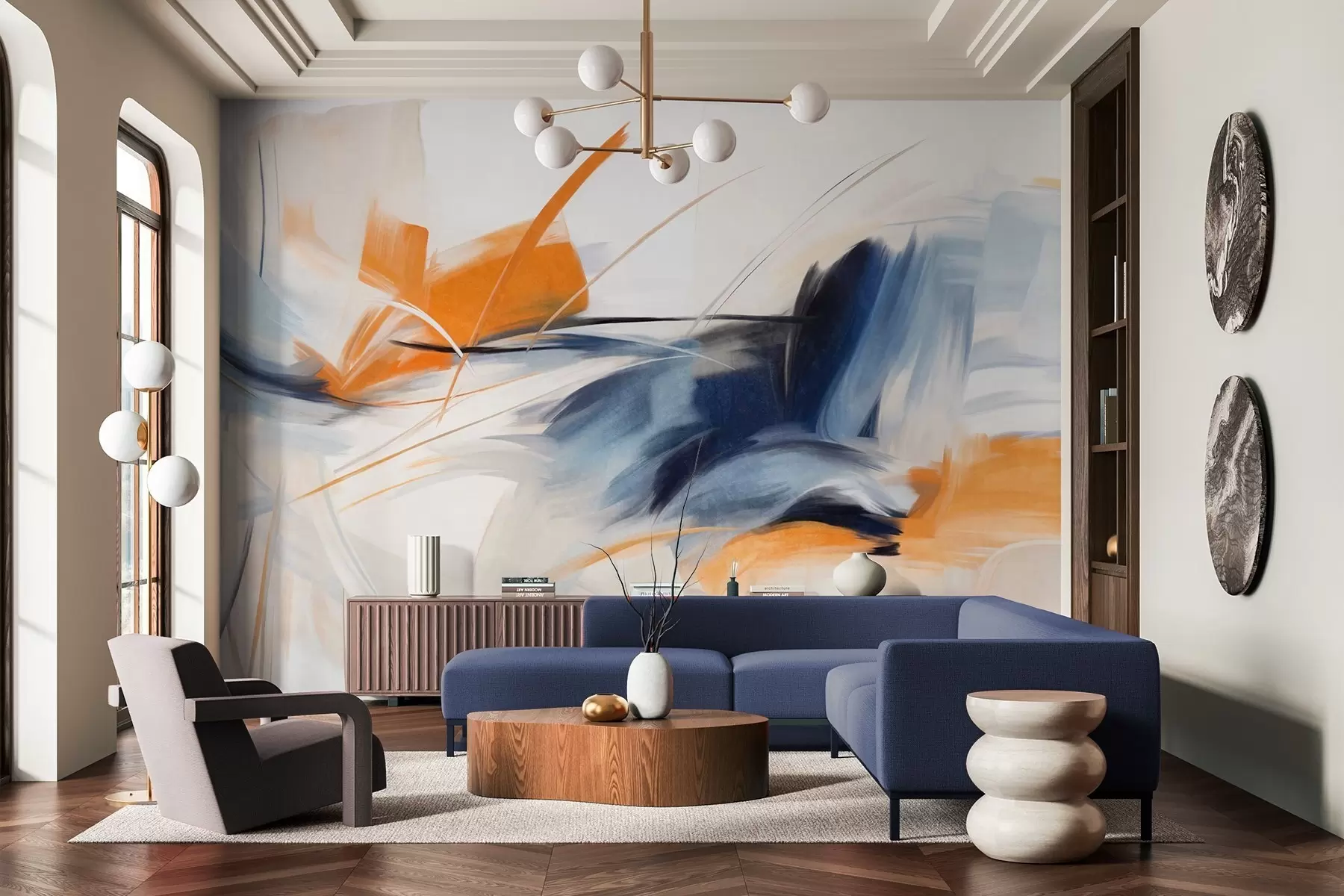 τοιχογραφίες Αφηρημένο ζωγραφικό στυλ με πορτοκαλί και μπλε πινελιές με υφή w09755