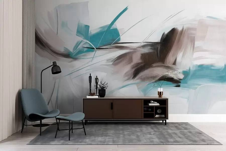 τοιχογραφίες Αφηρημένο ζωγραφικό στυλ με καφέ και μπλε πινελιές με υφή w09755v1