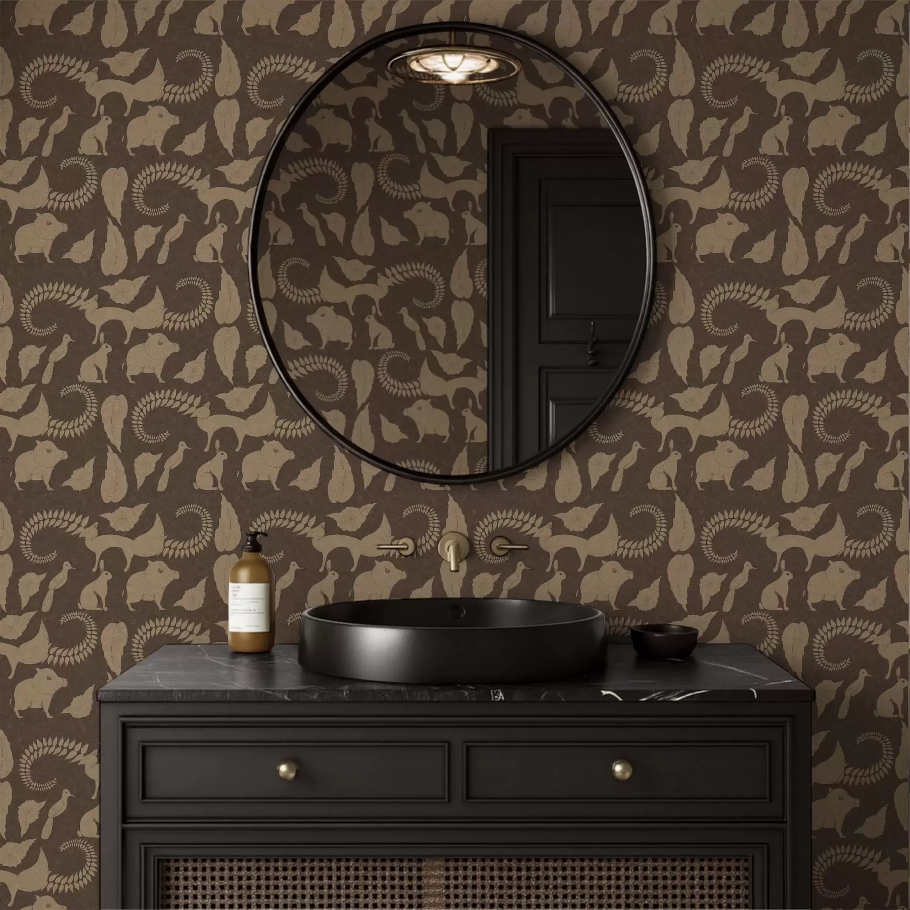 τοιχογραφίες Δασικό μοτίβο με ζώα σε καφέ φόντο a01121