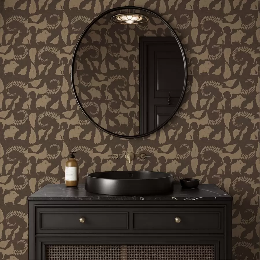 τοιχογραφίες Δασικό μοτίβο με ζώα σε καφέ φόντο a01121