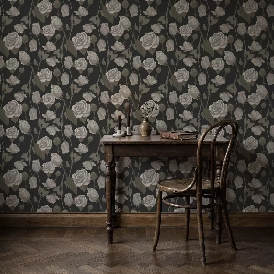 τοιχογραφίες Λουλουδάτο μοτίβο με τριαντάφυλλα σε σκούρο φόντο a01123