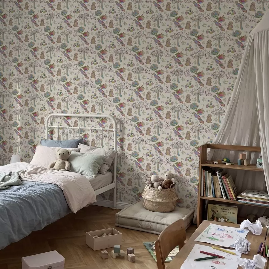 τοιχογραφίες Πολύχρωμο παιδικό μοτίβο με πουλιά και κουνέλια a01127