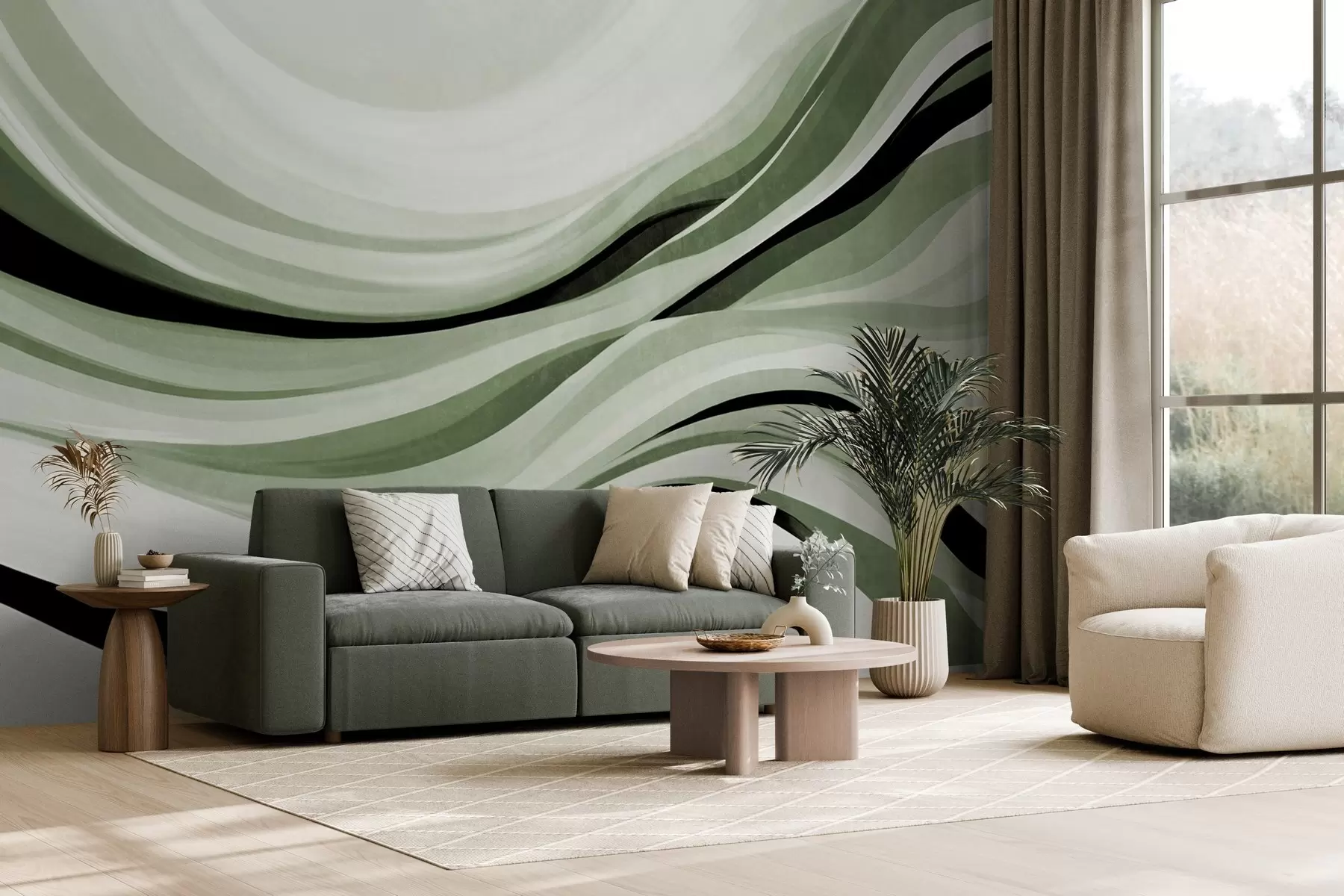 τοιχογραφίες Αφηρημένες κυματιστές γραμμές σε αποχρώσεις του πράσινου και του μαύρου σε ανοιχτό φόντο, τέχνη με υφή w09748v1