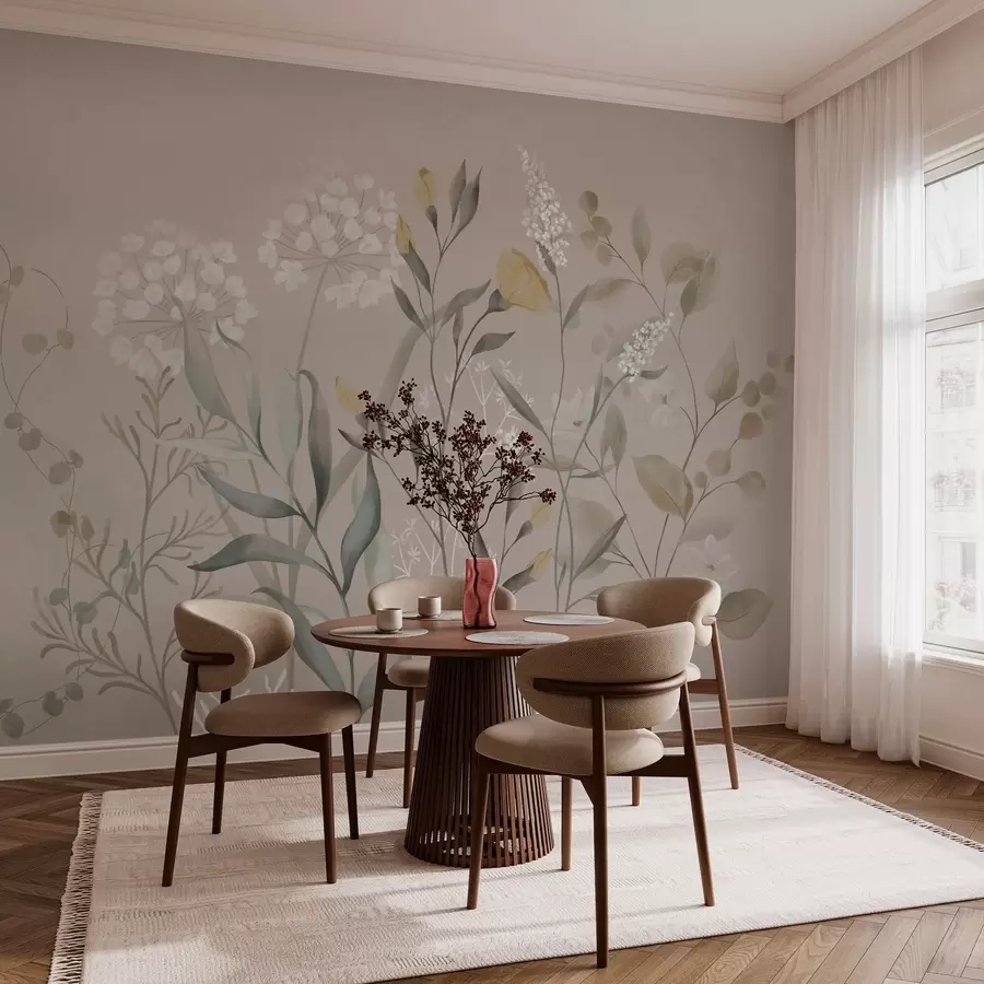 τοιχογραφίες Βοτανική σύνθεση σε ζεστούς μπεζ τόνους w05154v2