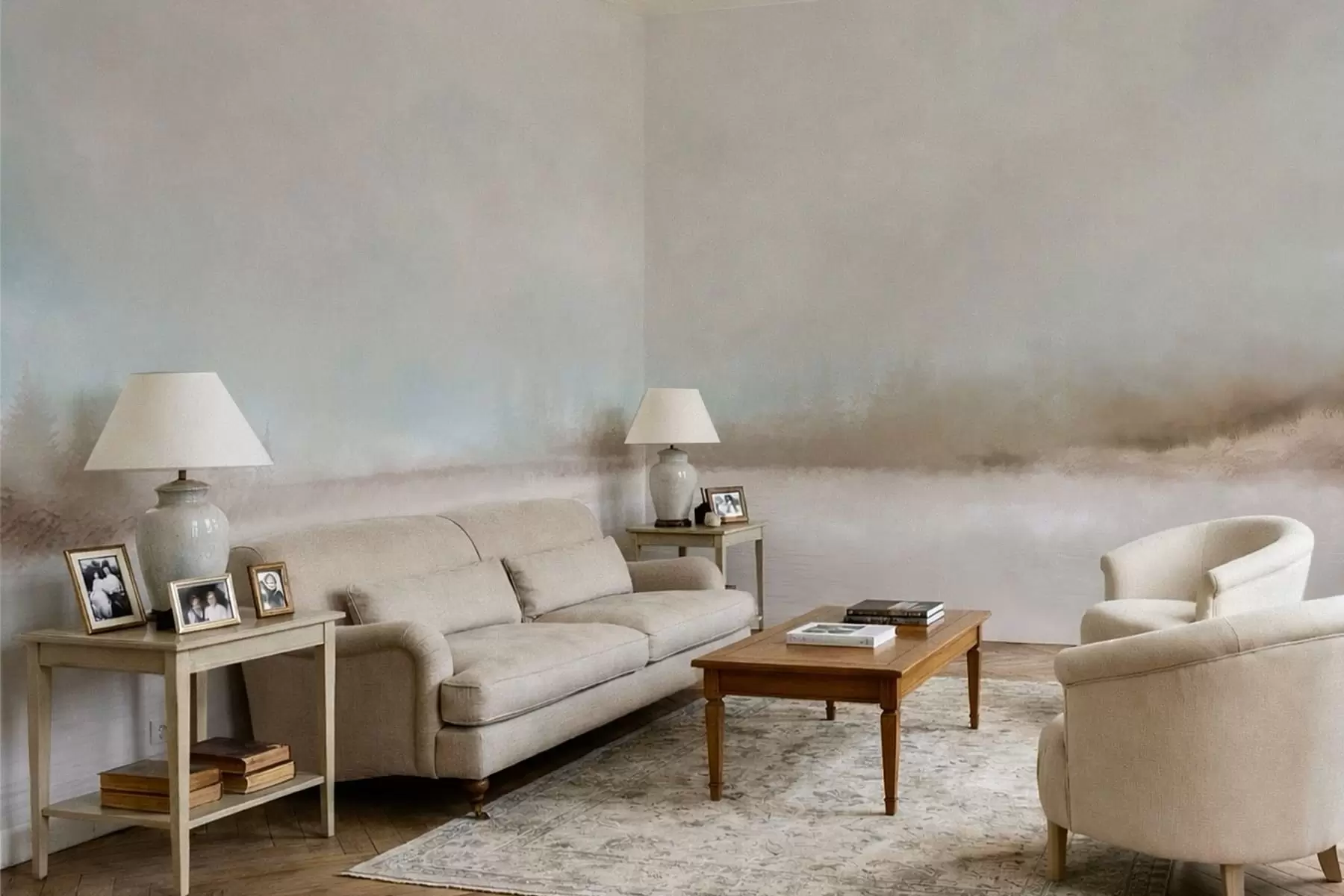 τοιχογραφίες Ομιχλώδες τοπίο με λίμνη και δάσος w05319