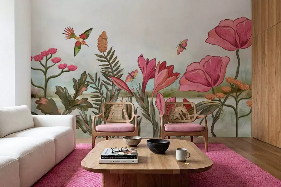 τοιχογραφίες Φωτεινά λουλούδια με πουλιά και πεταλούδες w05321