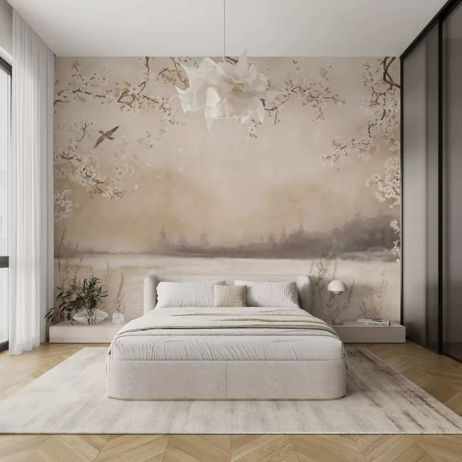 τοιχογραφίες Λεπτά ανθισμένα κλαδιά δίπλα στη λίμνη με πουλιά σε ελαφριά ομίχλη w05155