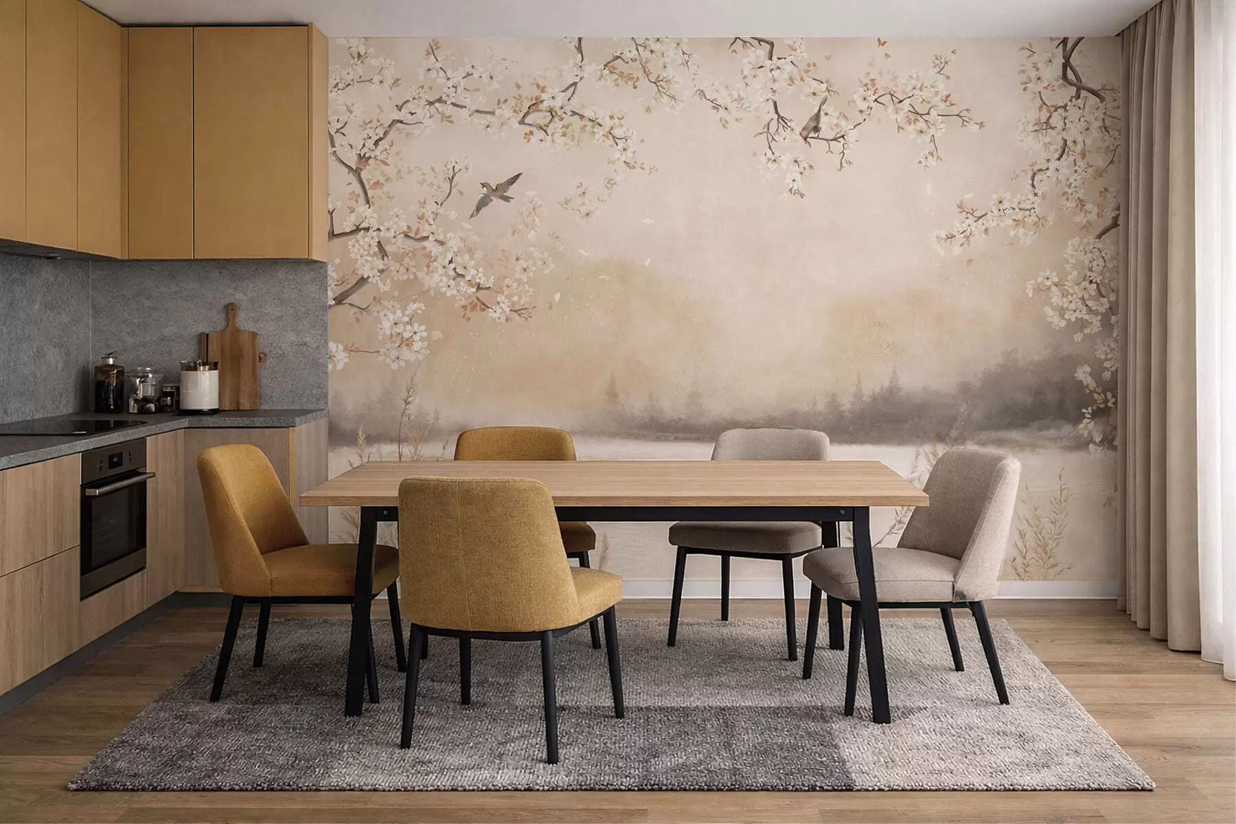 τοιχογραφίες Λεπτά ανθισμένα κλαδιά δίπλα στη λίμνη με πουλιά σε ελαφριά ομίχλη w05155