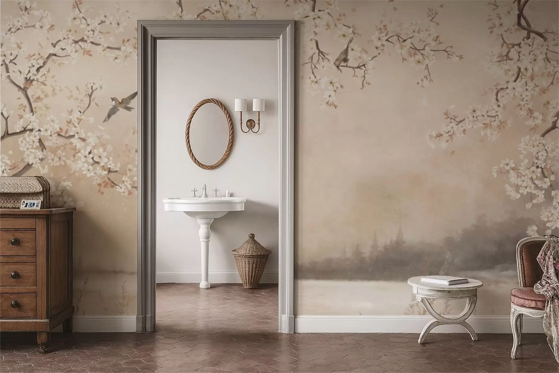 τοιχογραφίες Λεπτά ανθισμένα κλαδιά δίπλα στη λίμνη με πουλιά σε ελαφριά ομίχλη w05155