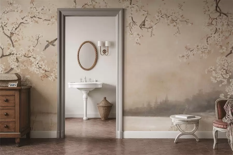 τοιχογραφίες Λεπτά ανθισμένα κλαδιά δίπλα στη λίμνη με πουλιά σε ελαφριά ομίχλη w05155