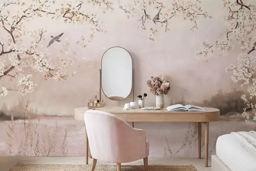 τοιχογραφίες Ανθισμένα κλαδιά πάνω από ήρεμη λίμνη με πουλιά στην ομίχλη w05155v1