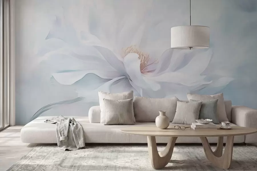 τοιχογραφίες Απαλό λευκό λουλούδι με ρέοντα πέταλα σε μπλε φόντο w05354