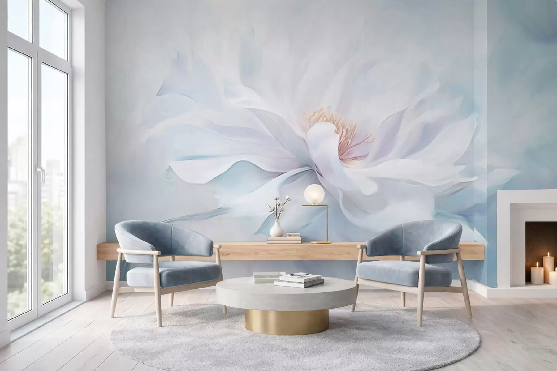 τοιχογραφίες Απαλό λευκό λουλούδι με ρέοντα πέταλα σε μπλε φόντο w05354