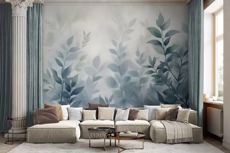 τοιχογραφίες Λεπτά κλαδιά με απαλά μπλε φύλλα, στυλ ακουαρέλας, τέχνη με υφή w09750v1