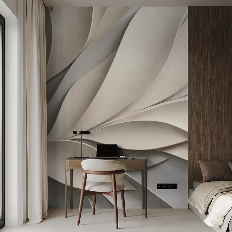 τοιχογραφίες Αφηρημένα φύλλα σε μπεζ και γκρι χρώμα, μοντέρνα τέχνη με υφή w09769