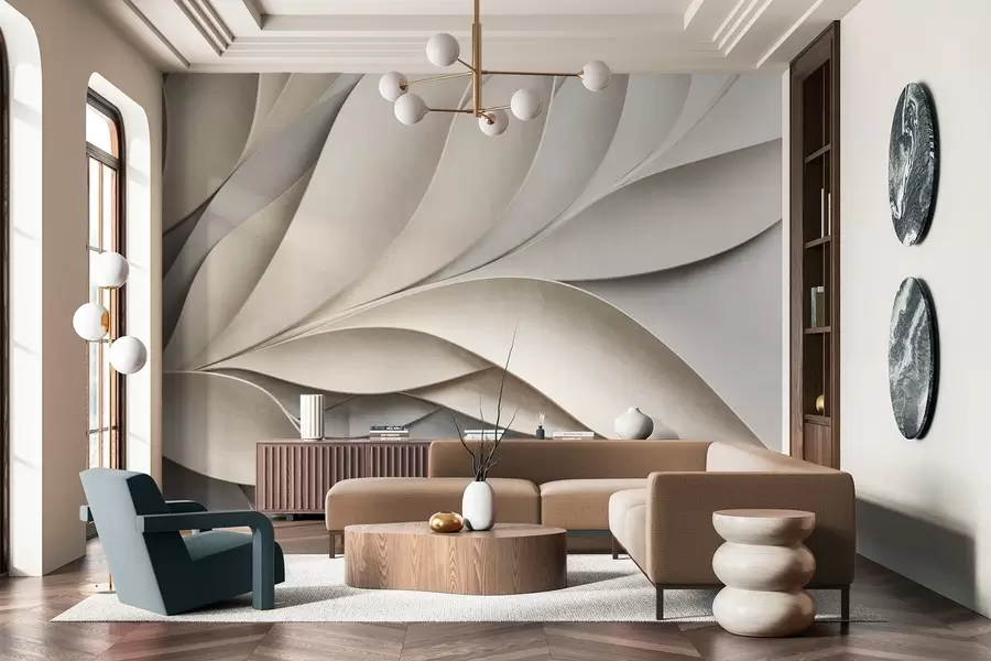 τοιχογραφίες Αφηρημένα φύλλα σε μπεζ και γκρι χρώμα, μοντέρνα τέχνη με υφή w09769