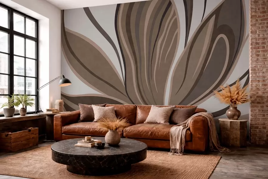 τοιχογραφίες Στυλιζαρισμένο λουλούδι με κυματιστές γραμμές σε καφέ αποχρώσεις w05147