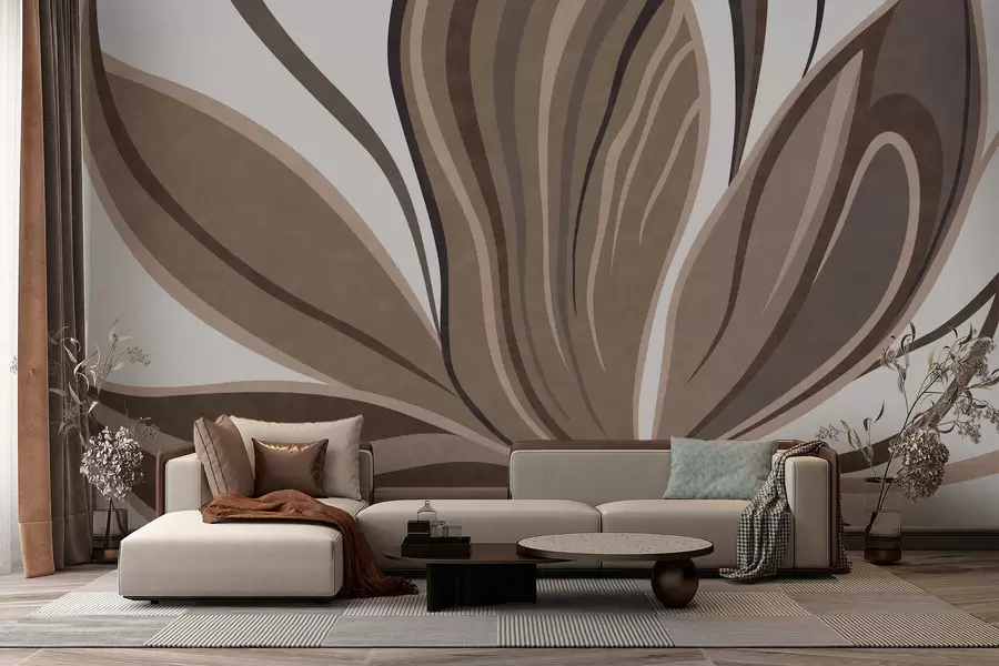 τοιχογραφίες Στυλιζαρισμένο λουλούδι με κυματιστές γραμμές σε καφέ αποχρώσεις w05147