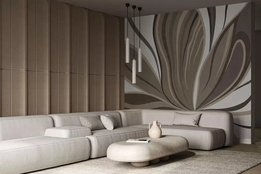 τοιχογραφίες Στυλιζαρισμένο λουλούδι με κυματιστές γραμμές σε καφέ αποχρώσεις w05147