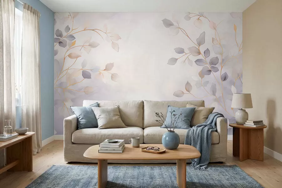 τοιχογραφίες Λεπτά κλαδιά με φύλλα πάνω σε ένα απαλό, θολωμένο φόντο w05296