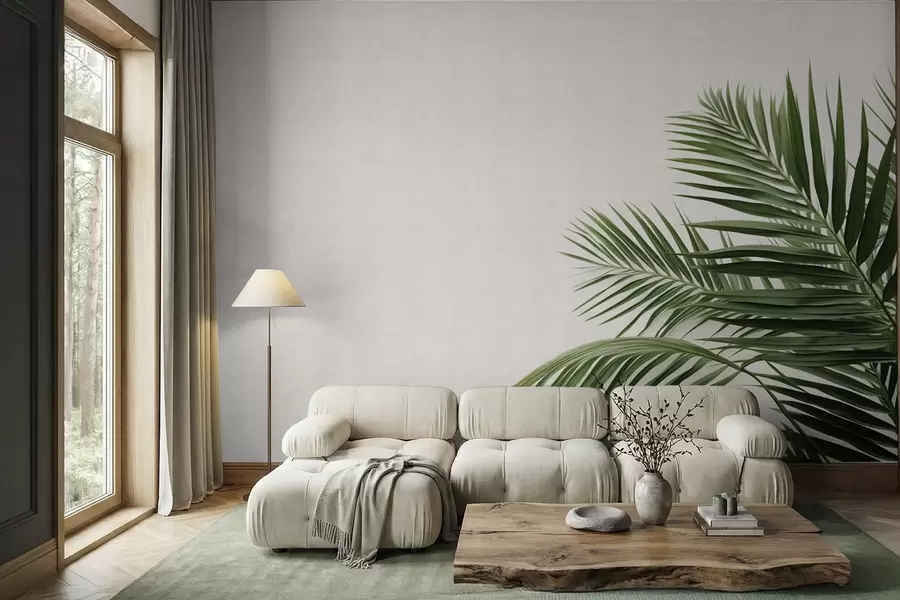 τοιχογραφίες Πράσινα φύλλα φοίνικα σε ανοιχτόχρωμο φόντο w05391