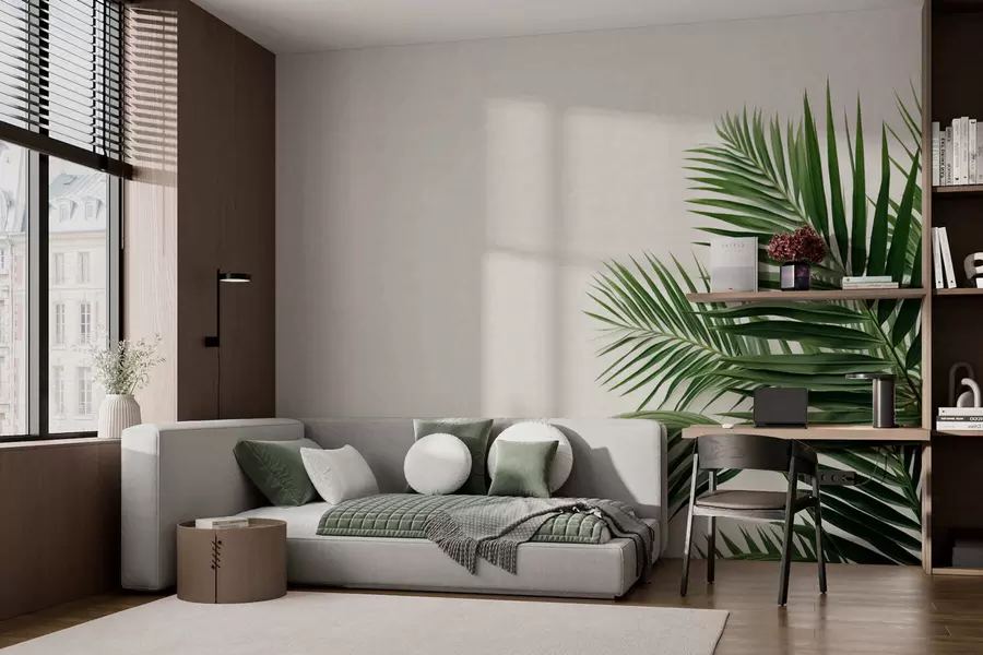 τοιχογραφίες Πράσινα φύλλα φοίνικα σε ανοιχτόχρωμο φόντο w05391