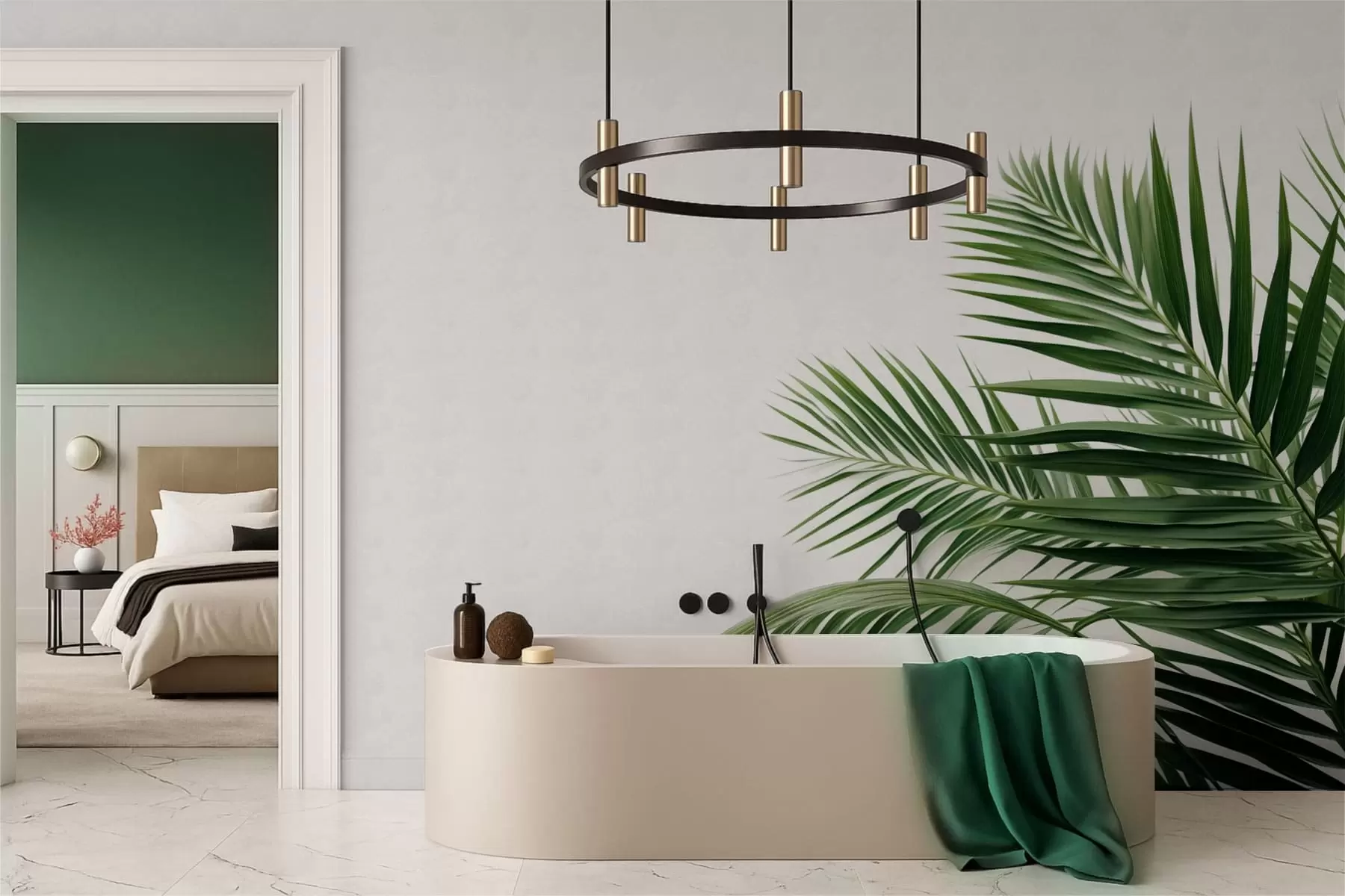 τοιχογραφίες Πράσινα φύλλα φοίνικα σε ανοιχτόχρωμο φόντο w05391