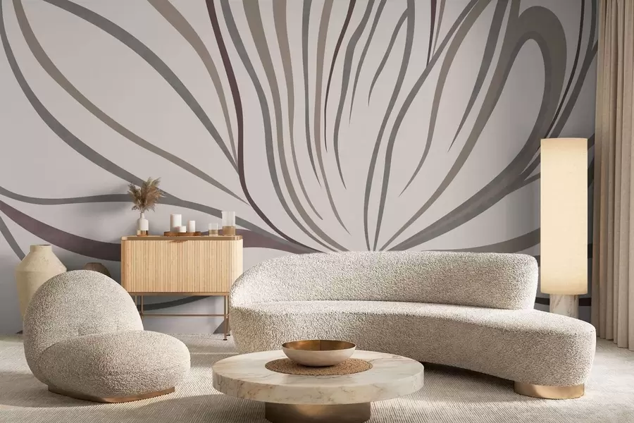 τοιχογραφίες Αφηρημένο λουλούδι με γραμμές σε αποχρώσεις του γκρι και του ροζ w05392