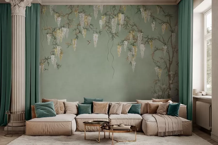 τοιχογραφίες Ανθισμένα κλαδιά με λευκά άνθη και πουλιά πάνω σε πράσινο φόντο w05394