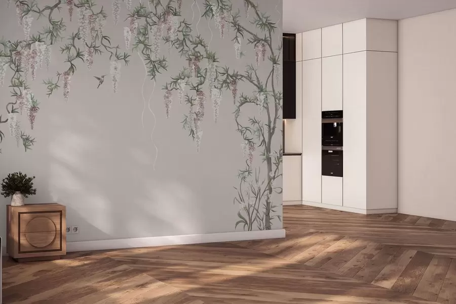 τοιχογραφίες Ανθισμένα κλαδιά με ροζ άνθη και πουλιά w05394v1