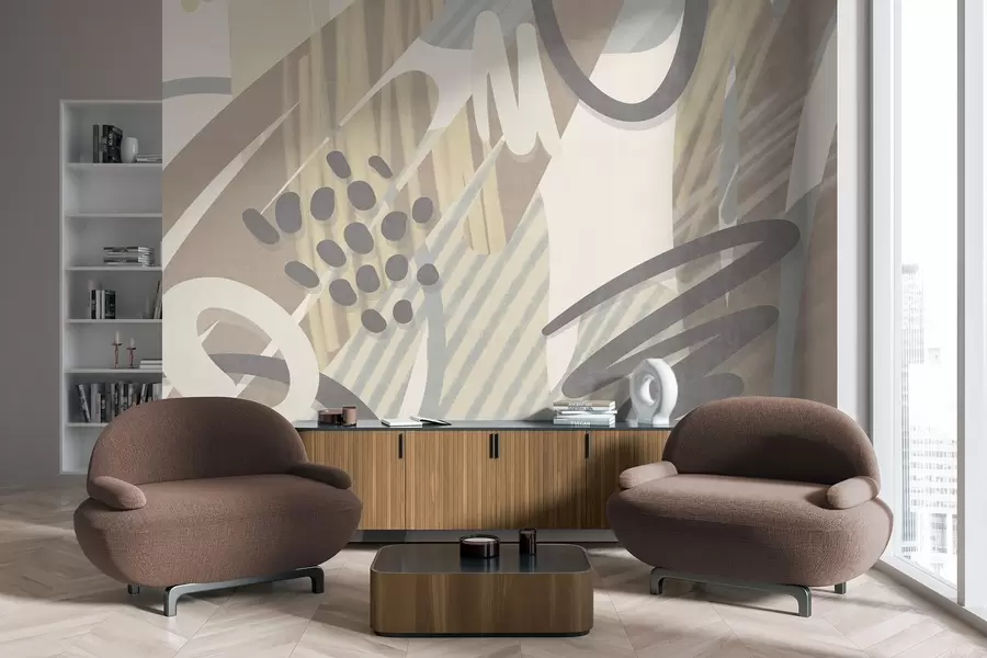 τοιχογραφίες Αφηρημένο μοτίβο με υφή, που περιλαμβάνει οργανικά σχήματα, μουντζούρες και κουκκίδες σε απαλά παστέλ χρώματα w09774