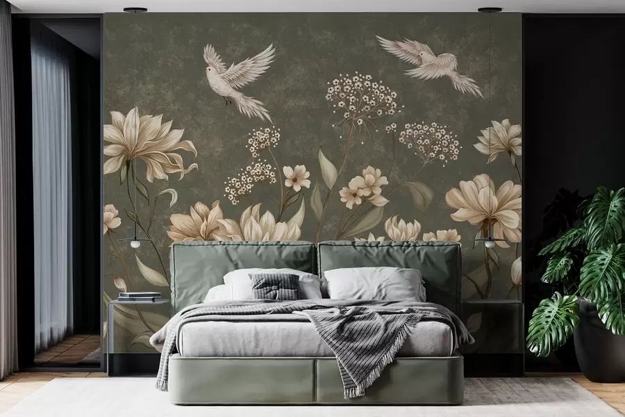 τοιχογραφίες Λουλούδια και πουλιά σε σκούρο πράσινο φόντο w05118v3