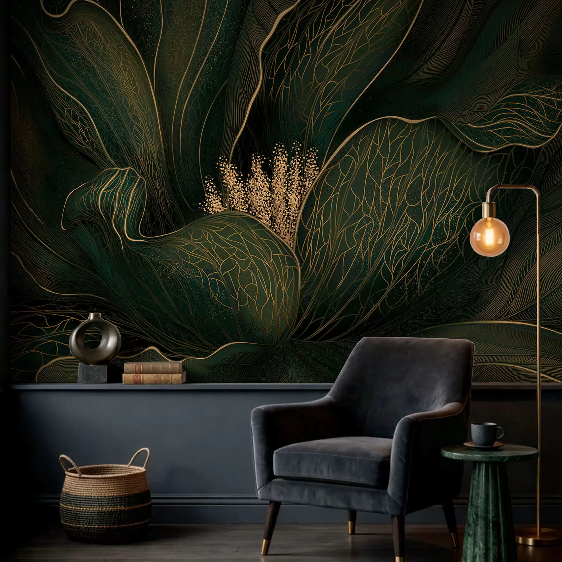 τοιχογραφίες Σκούρο πράσινο αφηρημένο λουλούδι με λεπτομέρειες από λεπτές γραμμές w05119v1