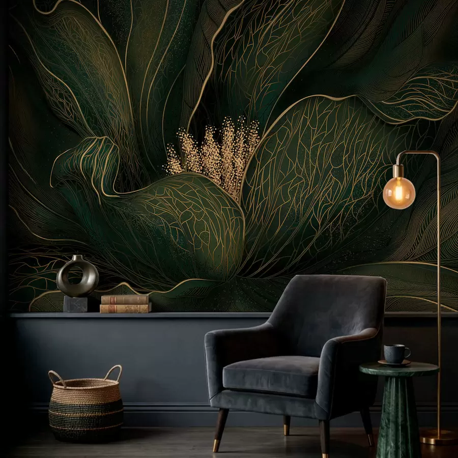 τοιχογραφίες Σκούρο πράσινο αφηρημένο λουλούδι με λεπτομέρειες από λεπτές γραμμές w05119v1