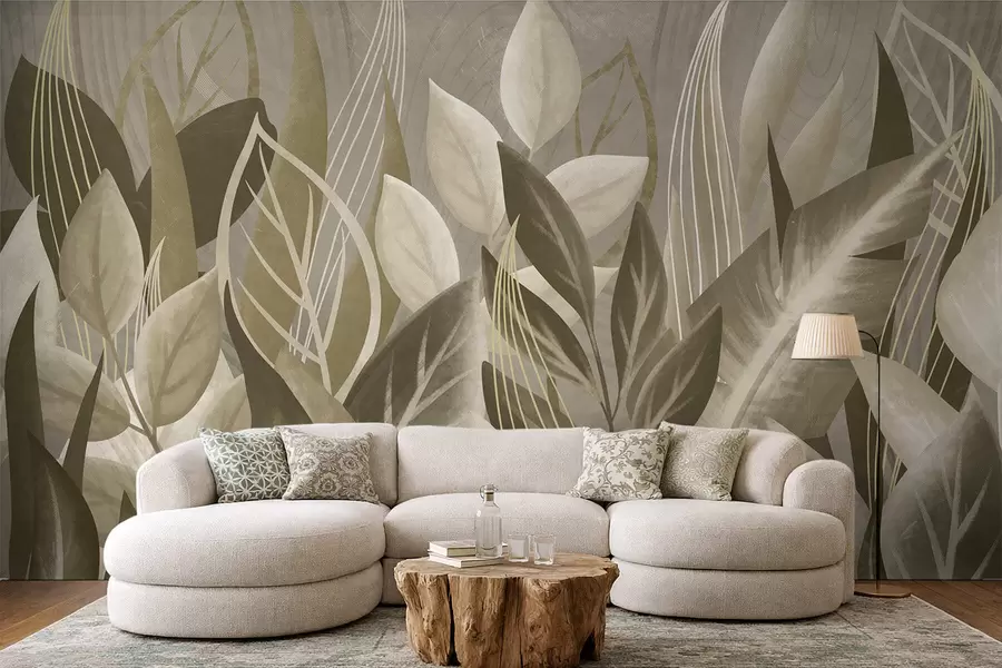 τοιχογραφίες Αφηρημένα φύλλα σε μπεζ και πράσινες αποχρώσεις w05148