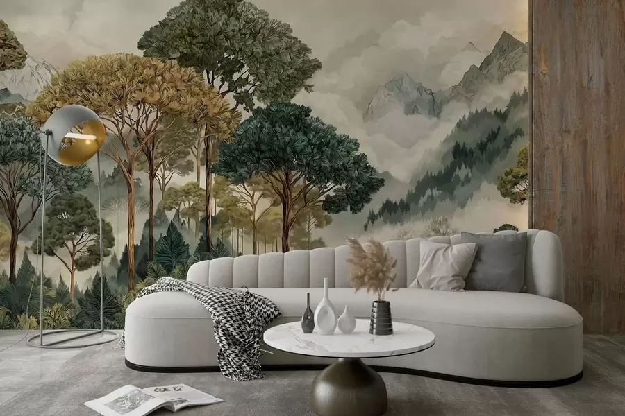 τοιχογραφίες Δάσος με ψηλά δέντρα στα ομιχλώδη βουνά w05410
