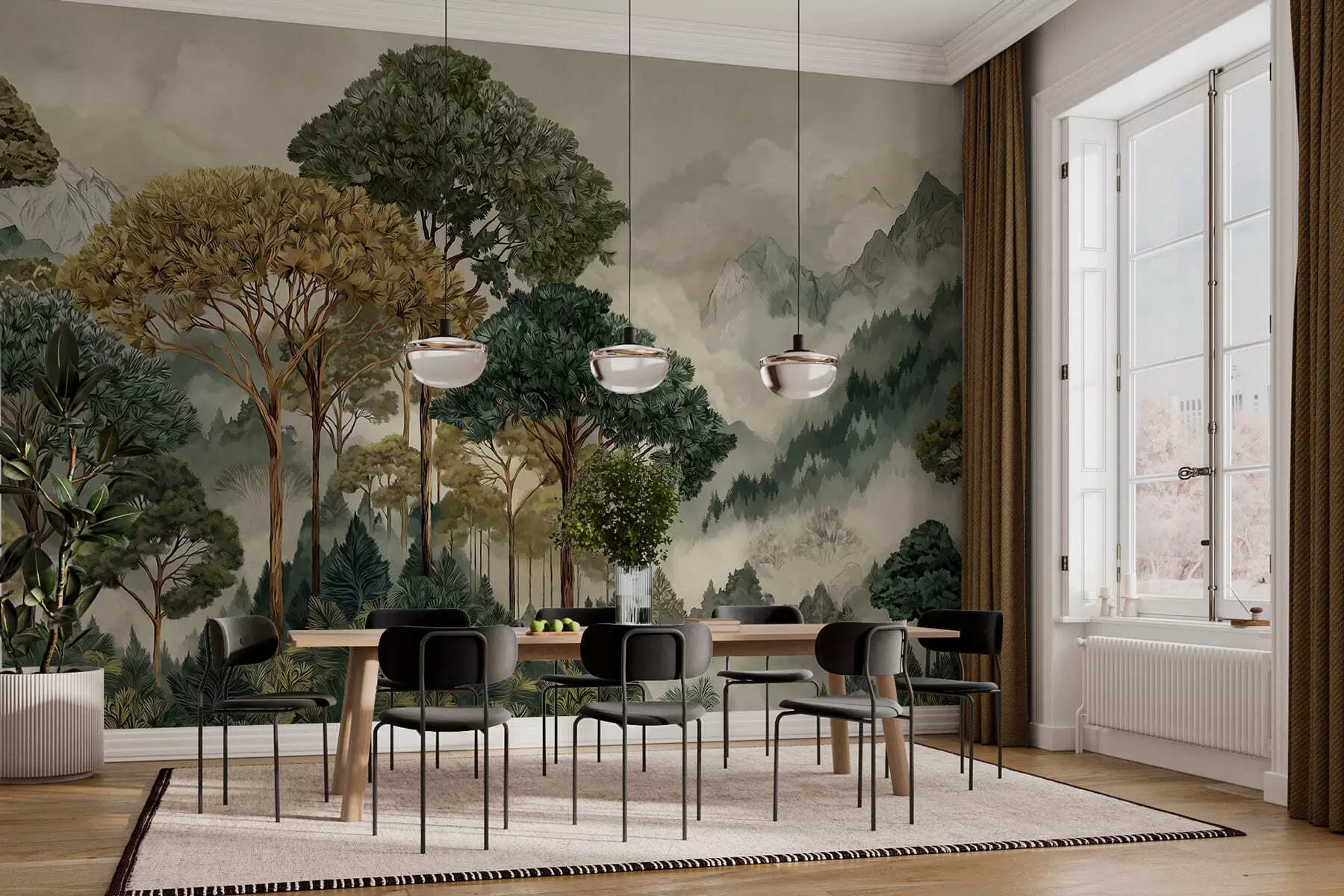 τοιχογραφίες Δάσος με ψηλά δέντρα στα ομιχλώδη βουνά w05410
