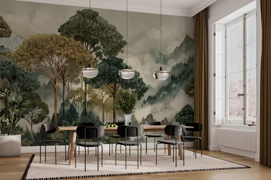 τοιχογραφίες Δάσος με ψηλά δέντρα στα ομιχλώδη βουνά w05410