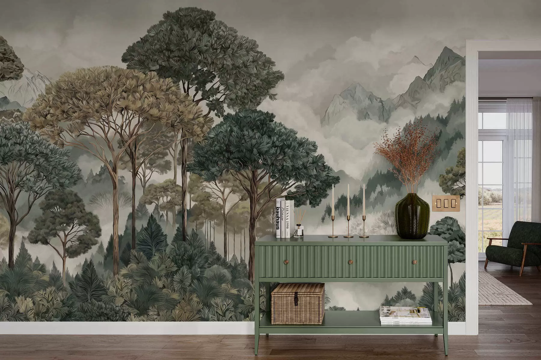 τοιχογραφίες Ορεινό τοπίο με δάσος σε απαλές αποχρώσεις w05410v1